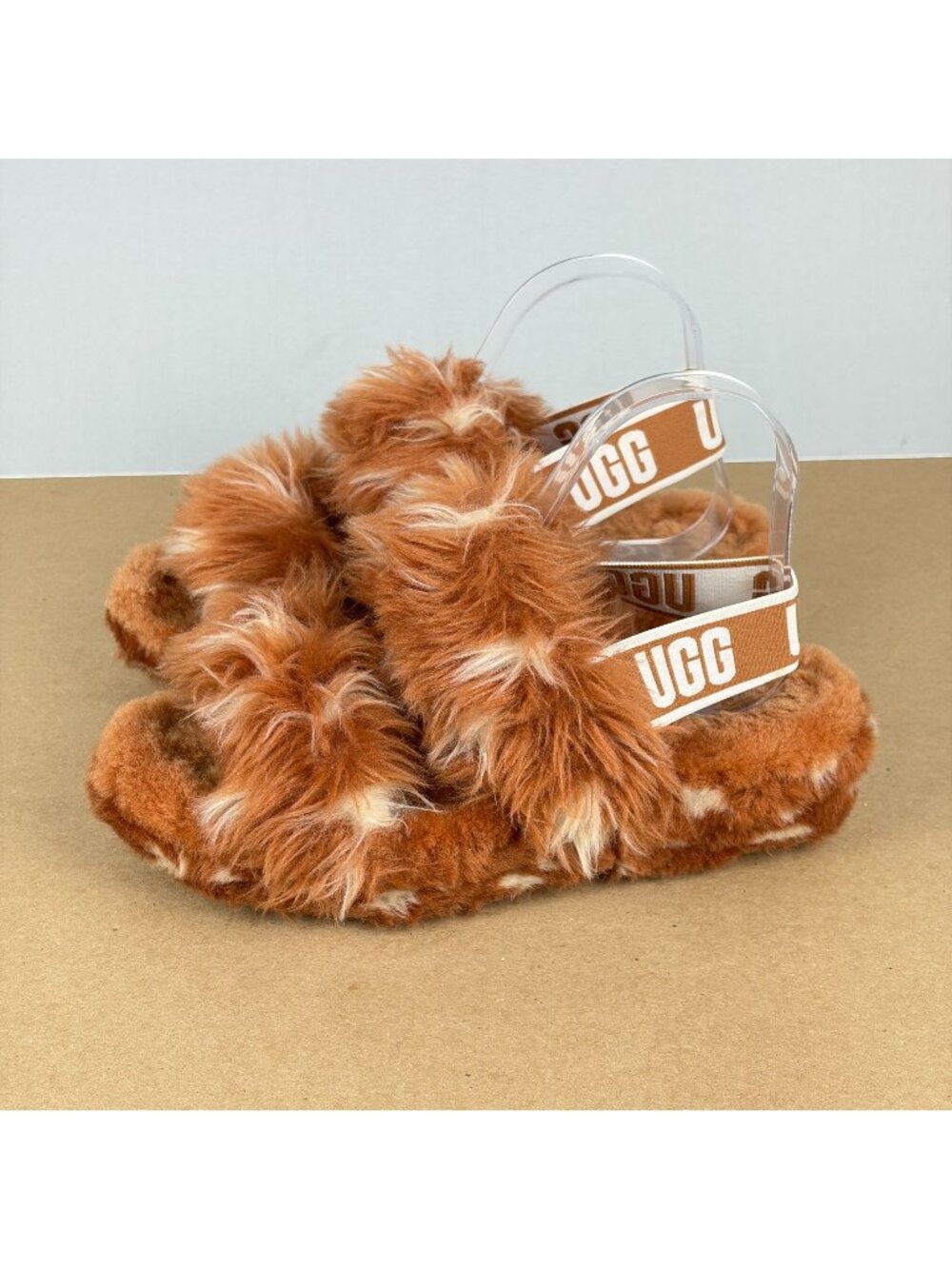 UGG Oh Yeah Natural Spots Slingback Slippers Womens 7 Brown Cream Faux Fur